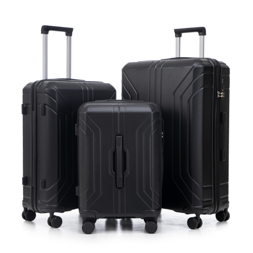 Three black suitcases of different sizes on a white background