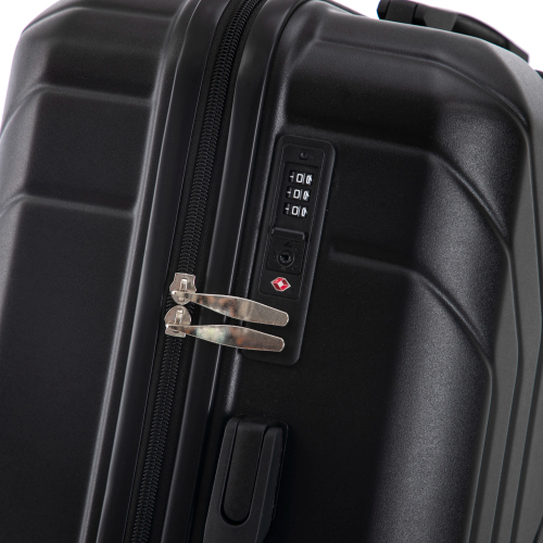 Black suitcase with a combination lock on a white background