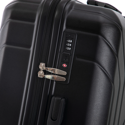 Black suitcase with a combination lock on a white background