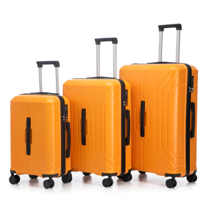 Set of three orange suitcases with black handles and wheels on a white background