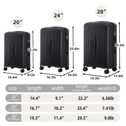 Comparison chart of three black suitcases with dimensions and weight details.