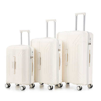 Set of three white suitcases of different sizes on a white background